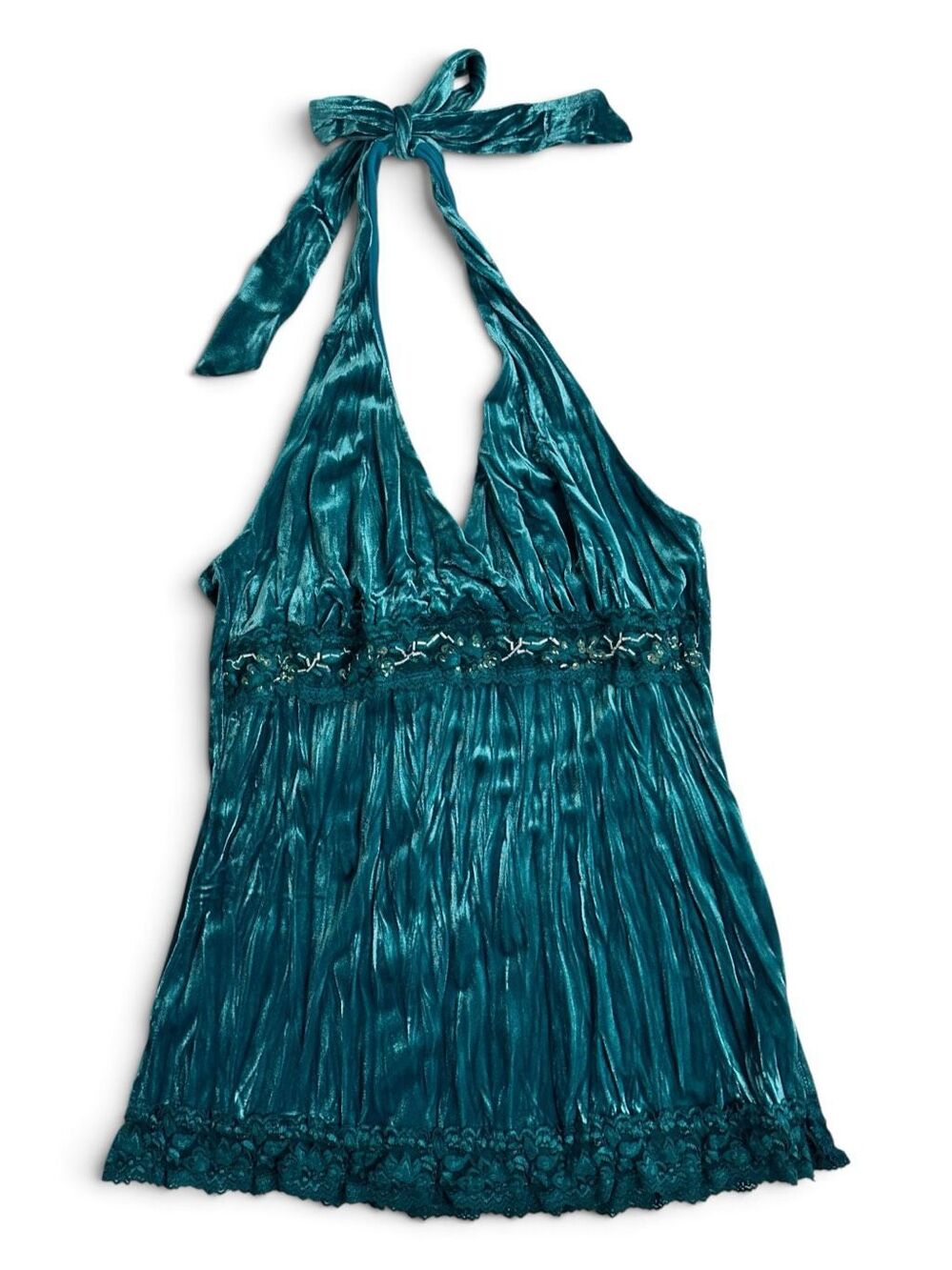 Y2K MIXIT Teal Crushed Velvet Babydoll Halter Top Beaded Lace Fairy Grunge M